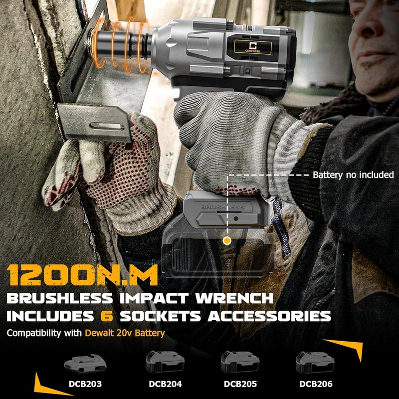 Cerycose Cordless Impact Wrench 1/2 inch for Dewalt Battery 900FT-LBS with 6 Sockets and Durable Toolbox Brushless Impact Gun Includes LED Work Light (950Ft-lbs Wrench with 6 Sockets) - Image 2